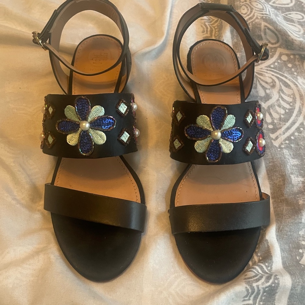Tory Burch Embellished Black Sandals with Floral Design